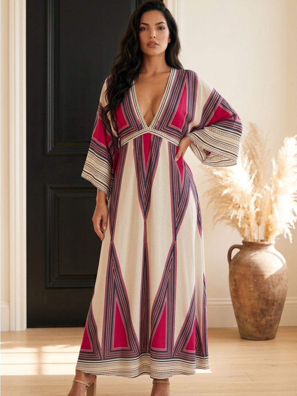 Lulu's Fuchsia, Navy & Cream Striped Boho V‑Neck Maxi Dress